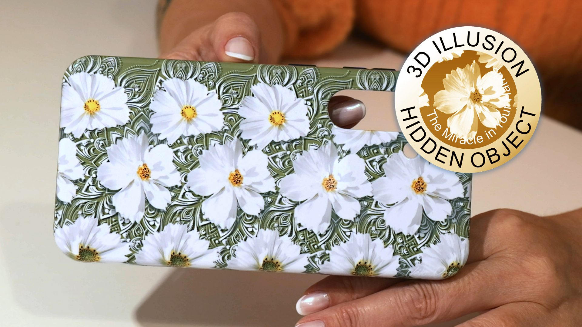 White flowers on a green background 3d stereogram phone case